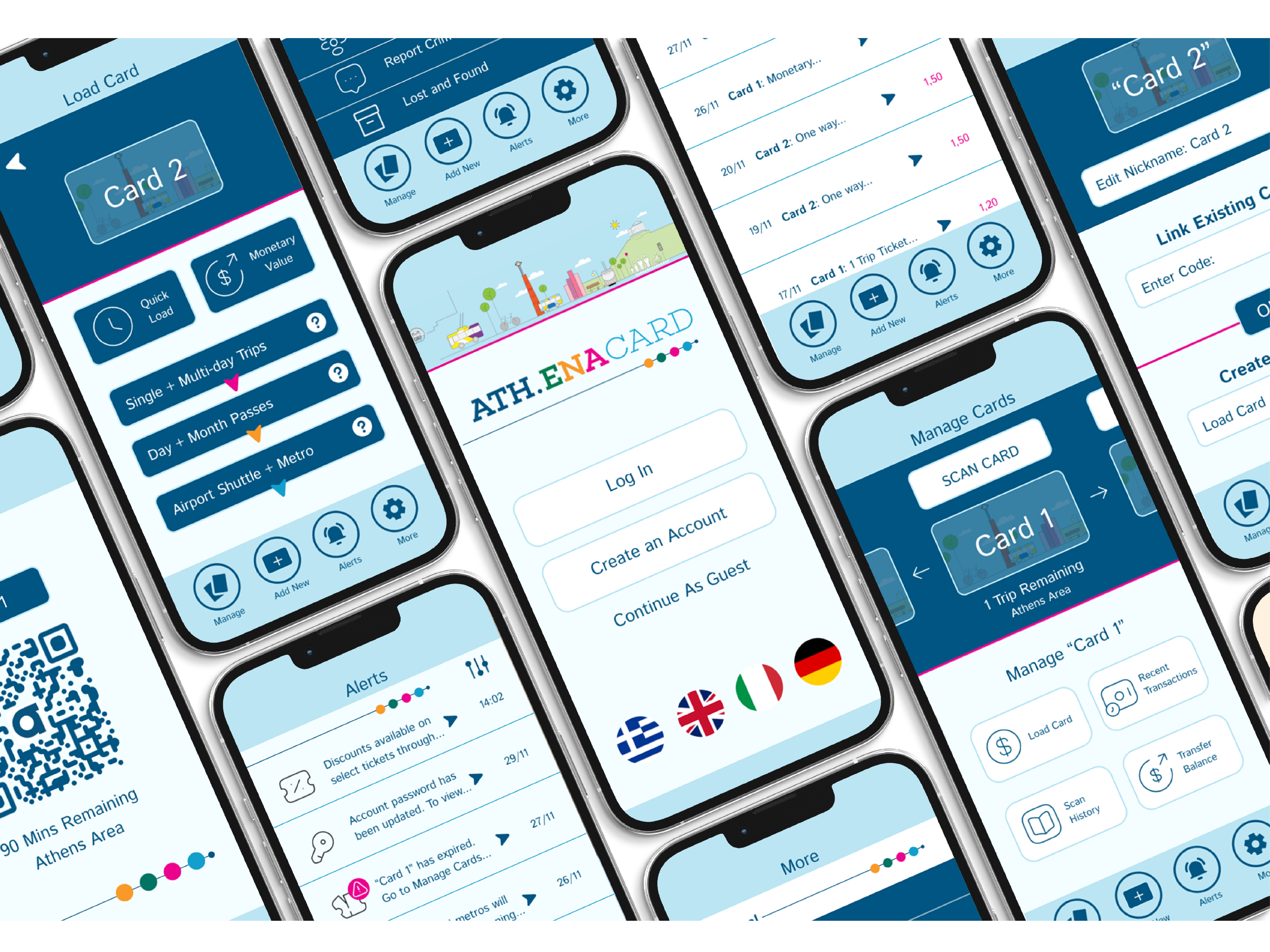 Mockups of several iPhones with app screens for Ath.ena card
