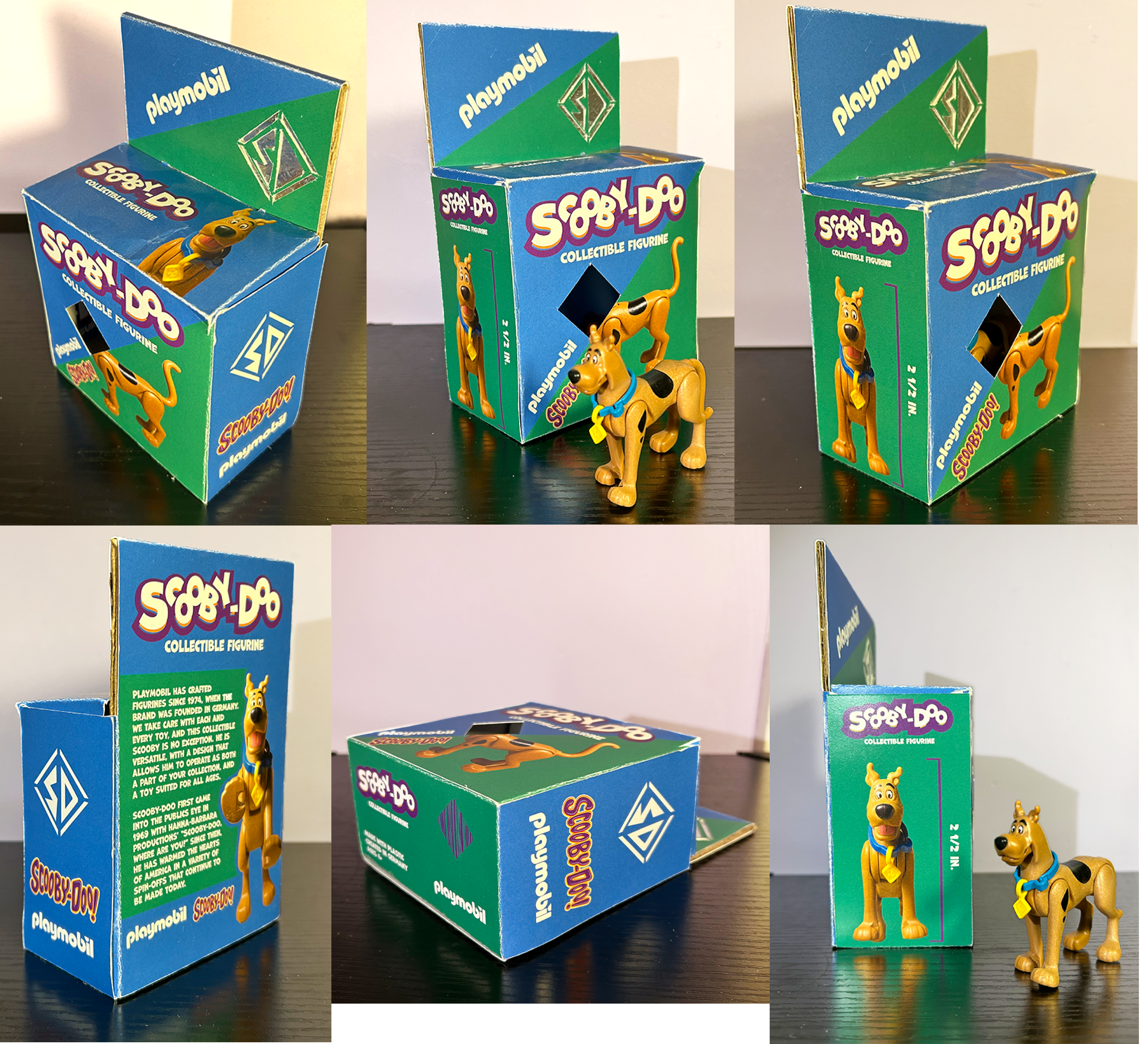 Six images of a packaging design project for a scooby-doo and playmobil collaboration