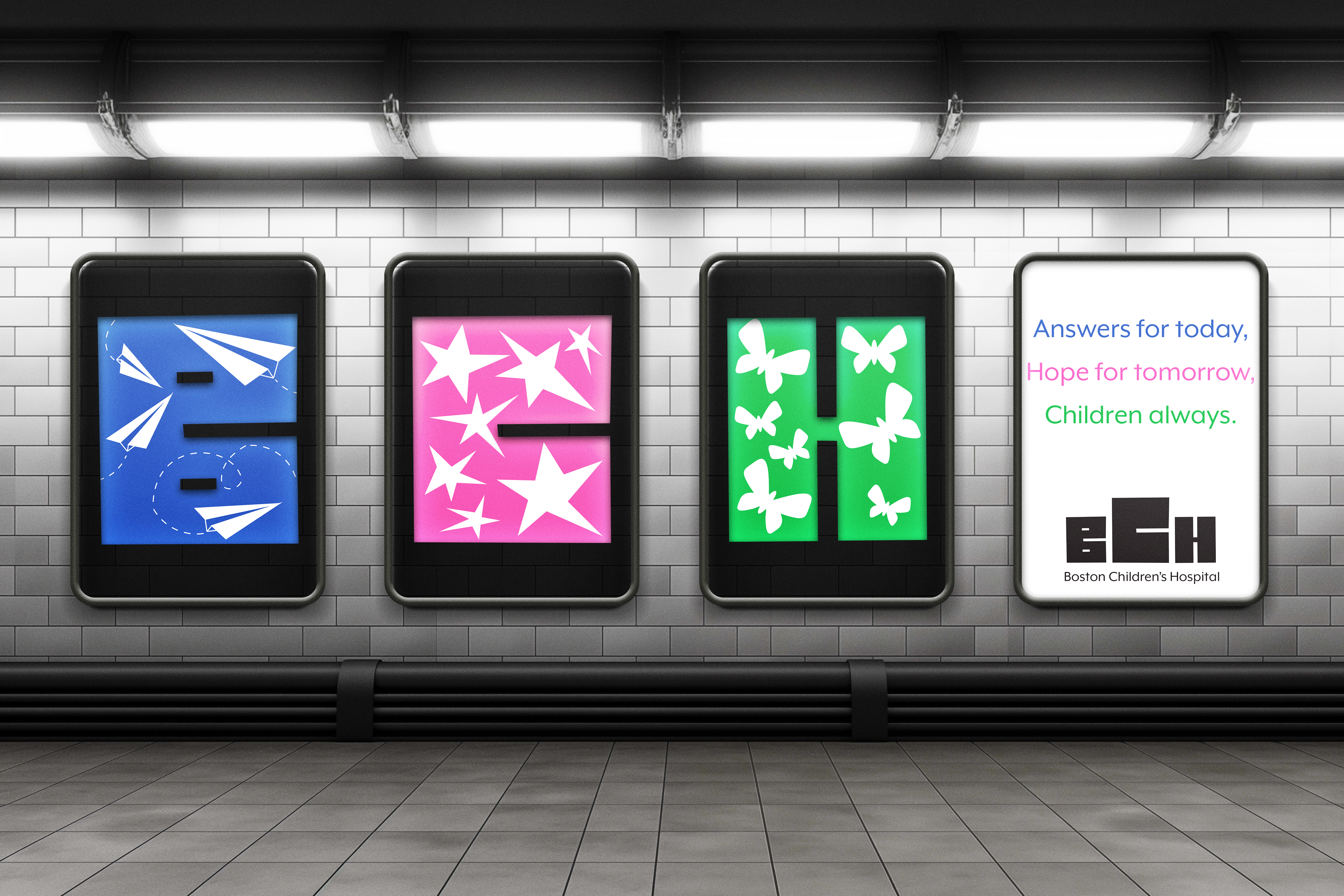 Mockup of 4 different posters for a rebrand of Boston Children's Hospital. In the first one there is a big letter 'B', in the second there is a big letter 'C', in the third a big letter 'H', in the fourth one text that says "Answers for today, hope for tomorrow, children always". Each letter is filled with fun imagery of paper airplaces, stars, and butterflies respectfully. It is very fun and colorful.